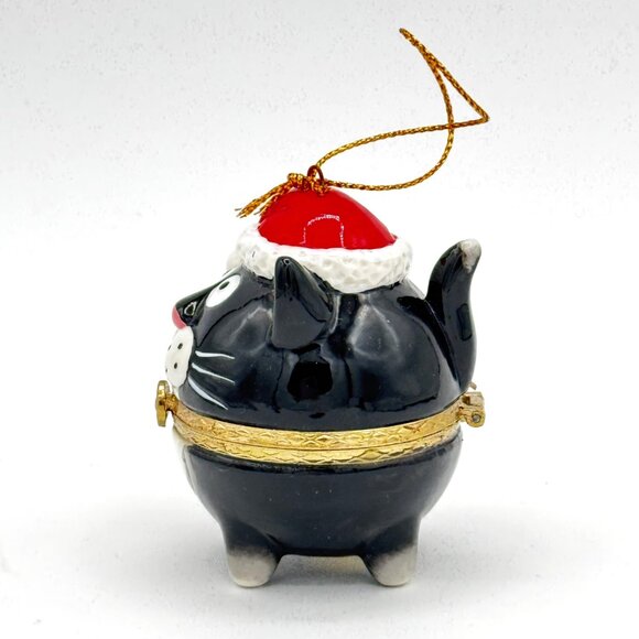 Fat Black Cat Porcelain Hinged Surprise Gift Trinket Box Christmas Ornament - Picture 4 of 6